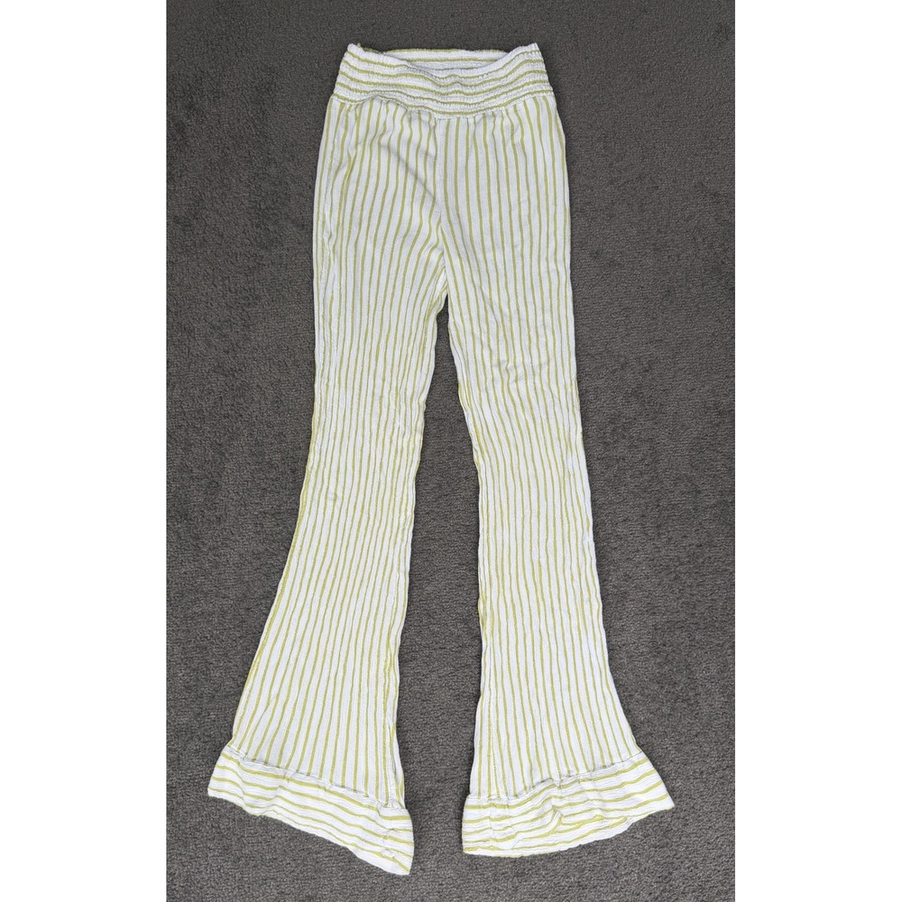 Billabong Striped Smocked Flare Pants White Lime Green Small Boho Beachy